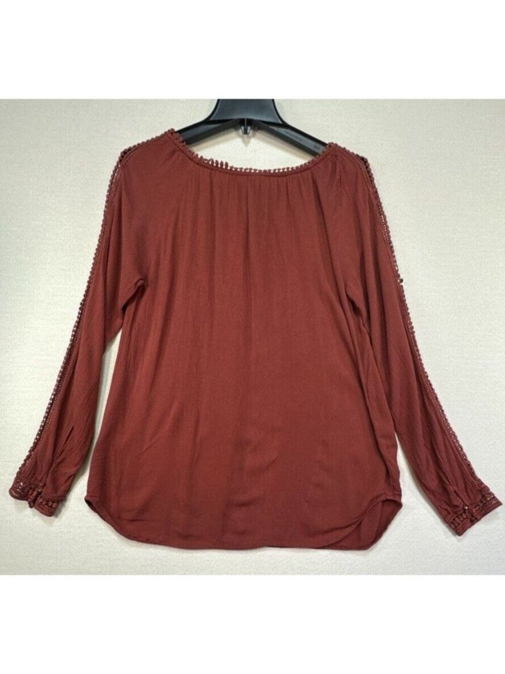 Knox Rose Womens Flowy Boho Peasant Blouse Size Medium Burnt Orange Crochet - Picture 11 of 13